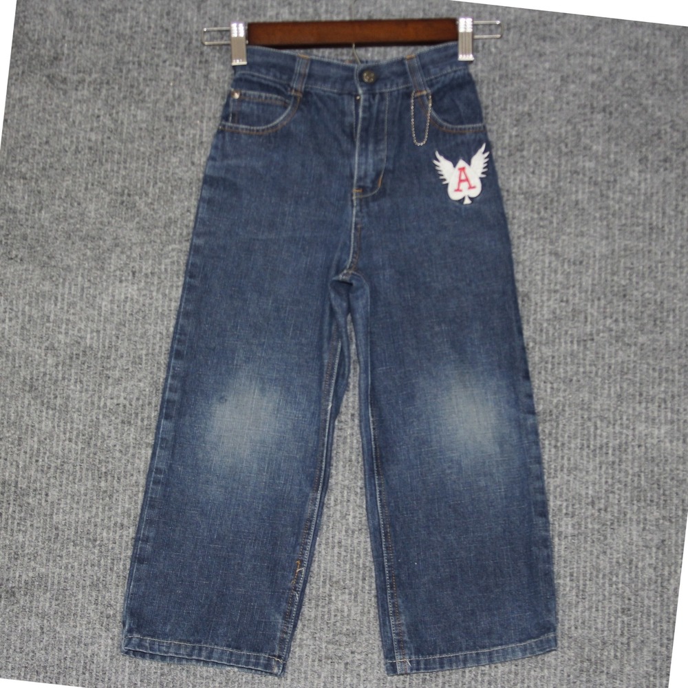 Chams Denim Kids Jeans Skull‎ Wings Graphic Print Blue Size 6 Elastic Waist
